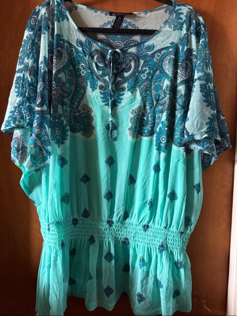 INC International Concepts Teal Paisley Tie-Neck Blouse